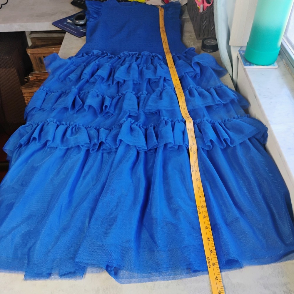 ME+EM Ethereal Tulle Shirred Midi Dress Womens 8 Royal Blue Tiered Wedding Party - Picture 13 of 15